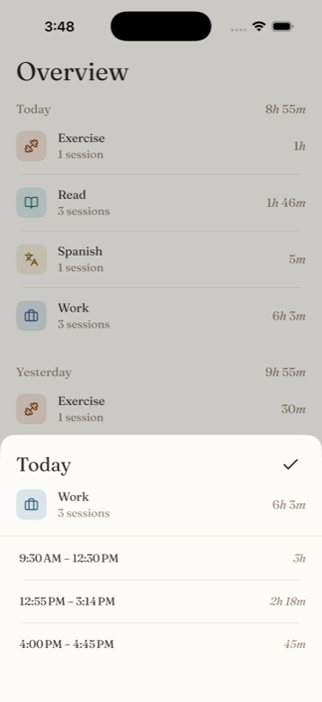 A day's sessions in Untime, with each Work session's start and end times listed