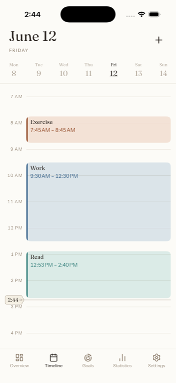 Untime's timeline screen with the day's sessions laid out on a 24-hour grid